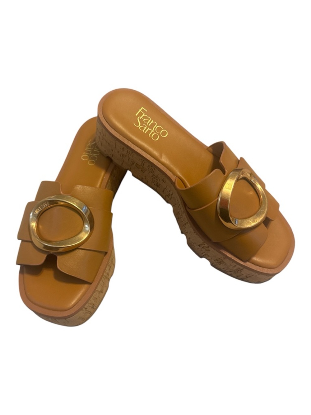 Franco SartoHonda Cork Platform Sandal in Brown with Gold Accent. Size 7